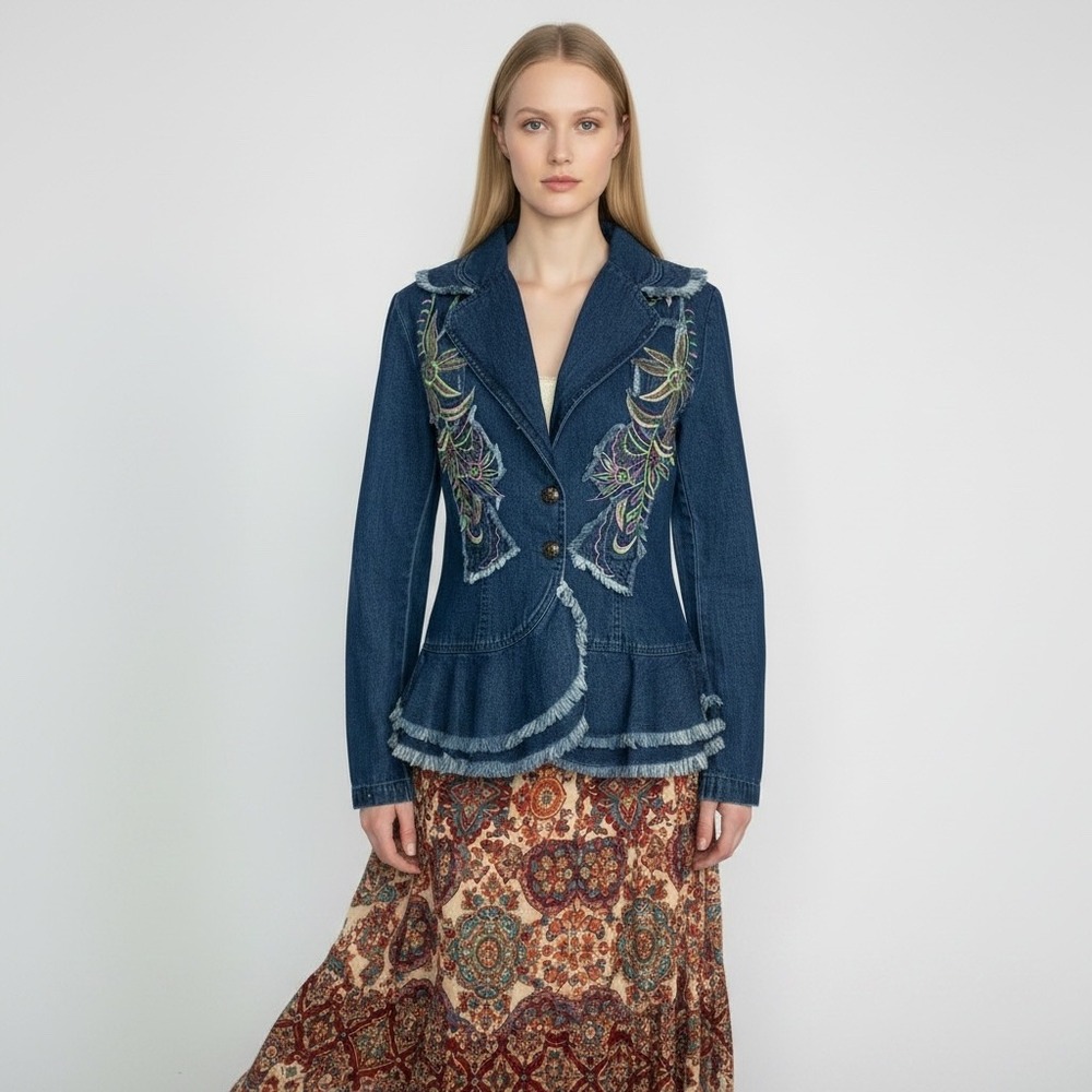 Carrie Allen Women Small Embroidered Peplum Denim Blazer Frayed Boho Jacket Blue